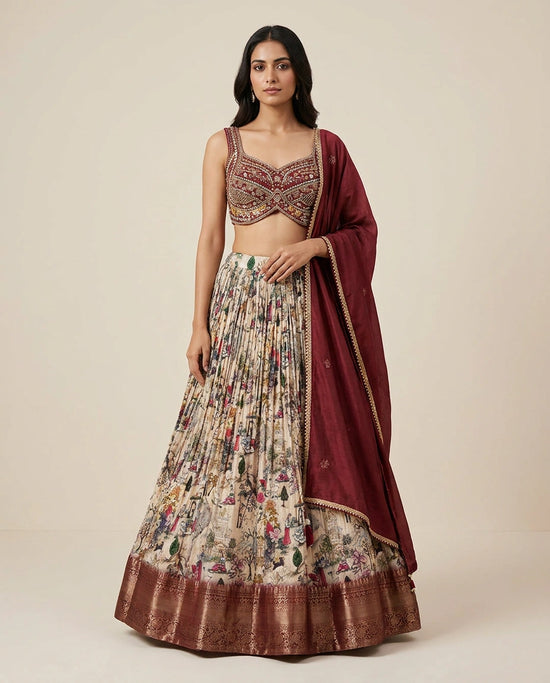 Beige/Maroon Chinon Croptop Lehenga with Embroidered Croptop view 2