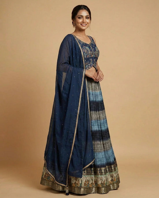 Navy Blue Silk Katan Peplum Lehenga with Striped Pattern - Rangoli India