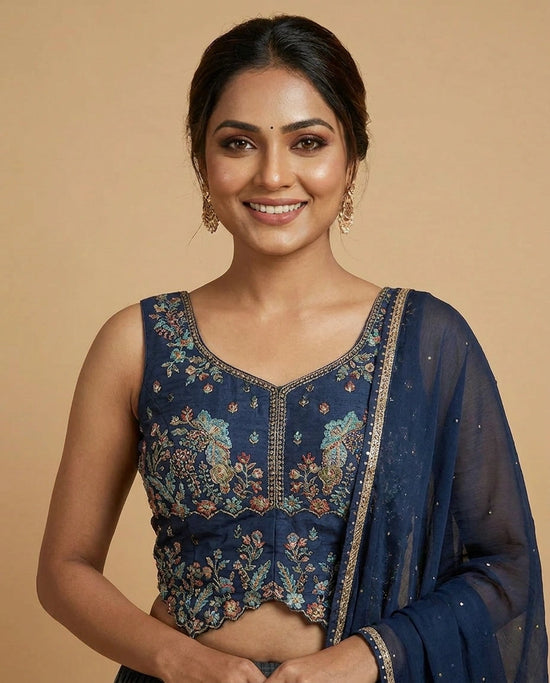 Navy Blue Silk Katan Peplum Lehenga with Striped Pattern - Rangoli India