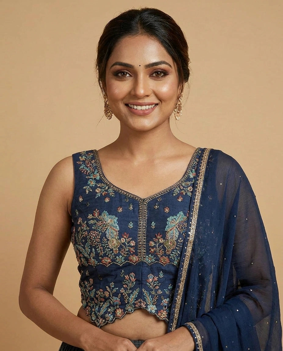 Navy Blue Silk Katan Peplum Lehenga with Striped Pattern - Rangoli India
