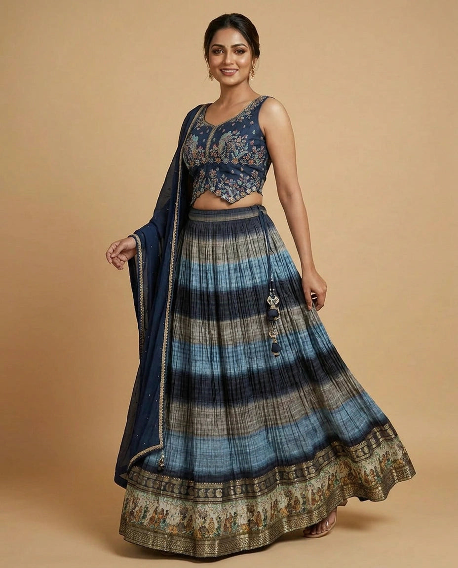 Navy Blue Silk Katan Peplum Lehenga with Striped Pattern - Rangoli India