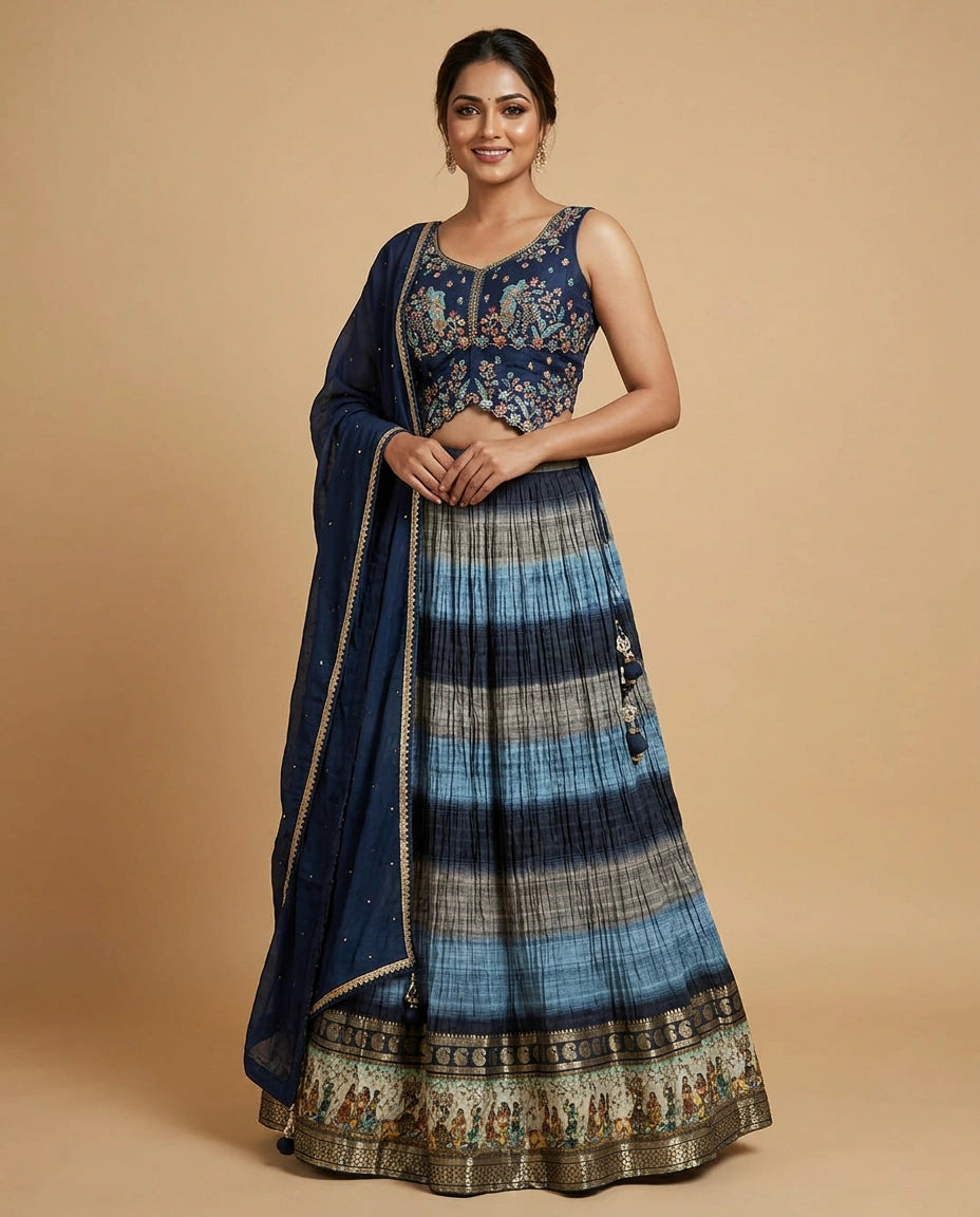 Navy Blue Silk Katan Peplum Lehenga with Striped Pattern - Rangoli India