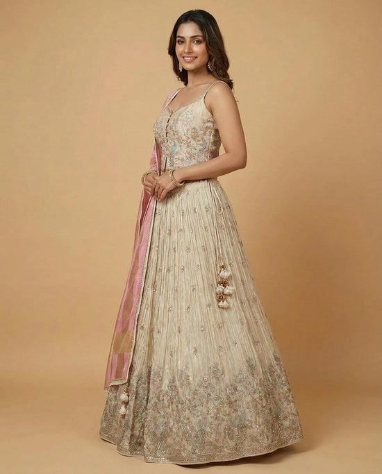 Off White Tissue Peplum Lehenga with Sequin Embellishments - Rangoli India