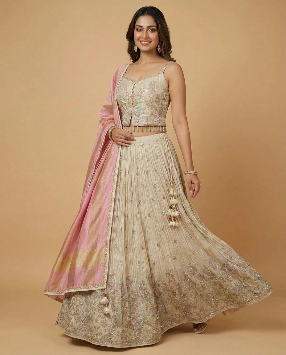 Off White Tissue Peplum Lehenga with Sequin Embellishments - Rangoli India