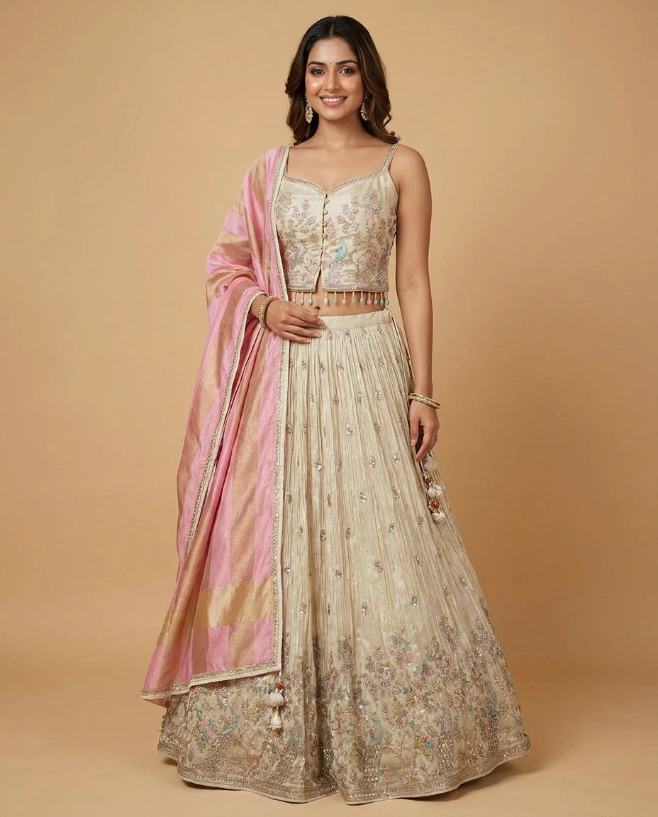 Off White Tissue Peplum Lehenga with Sequin Embellishments - Rangoli India