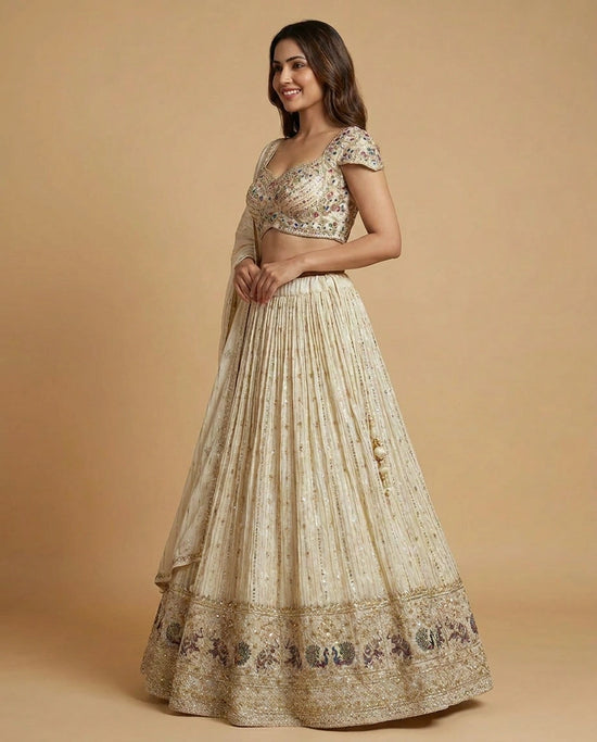 Off White Tissue Croptop Lehenga with Beaded Detail - Rangoli India