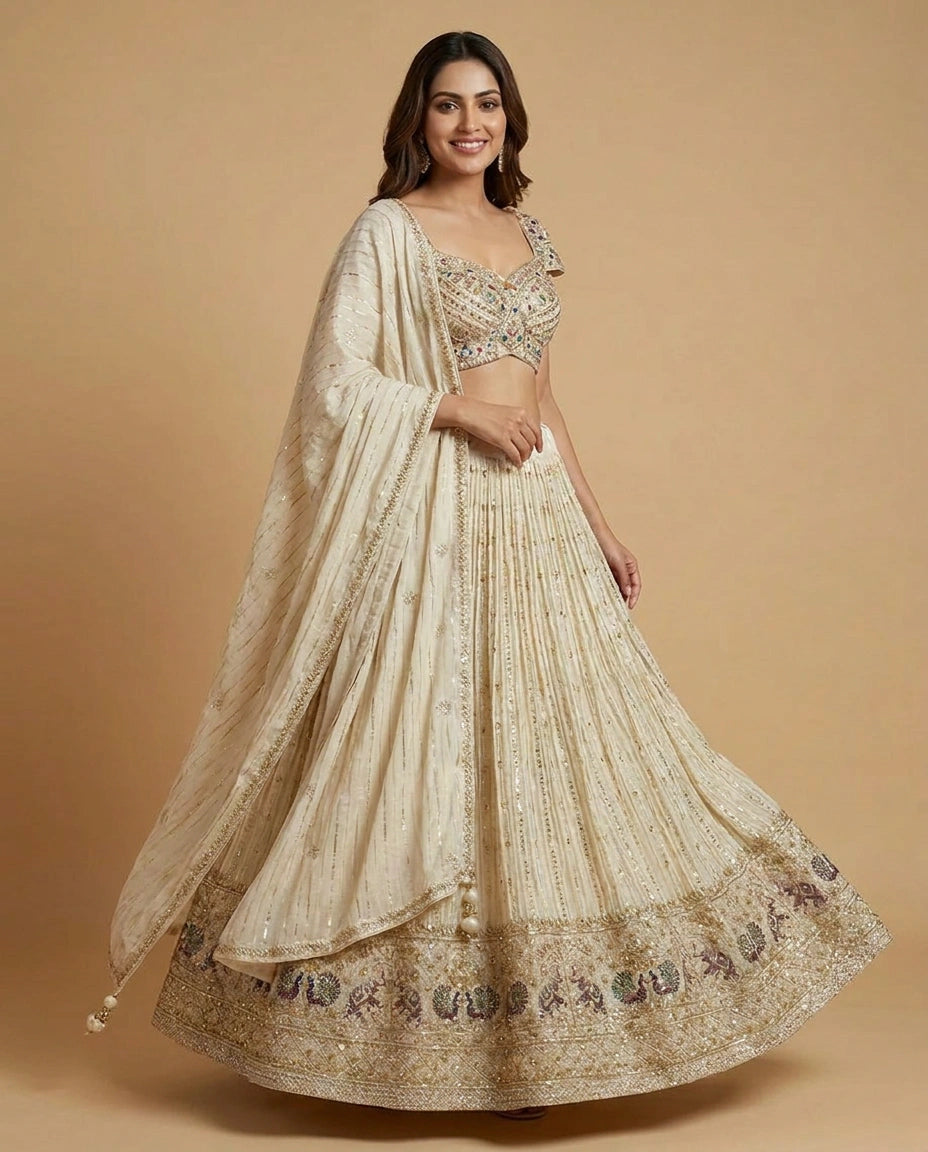 Off White Tissue Croptop Lehenga with Beaded Detail - Rangoli India