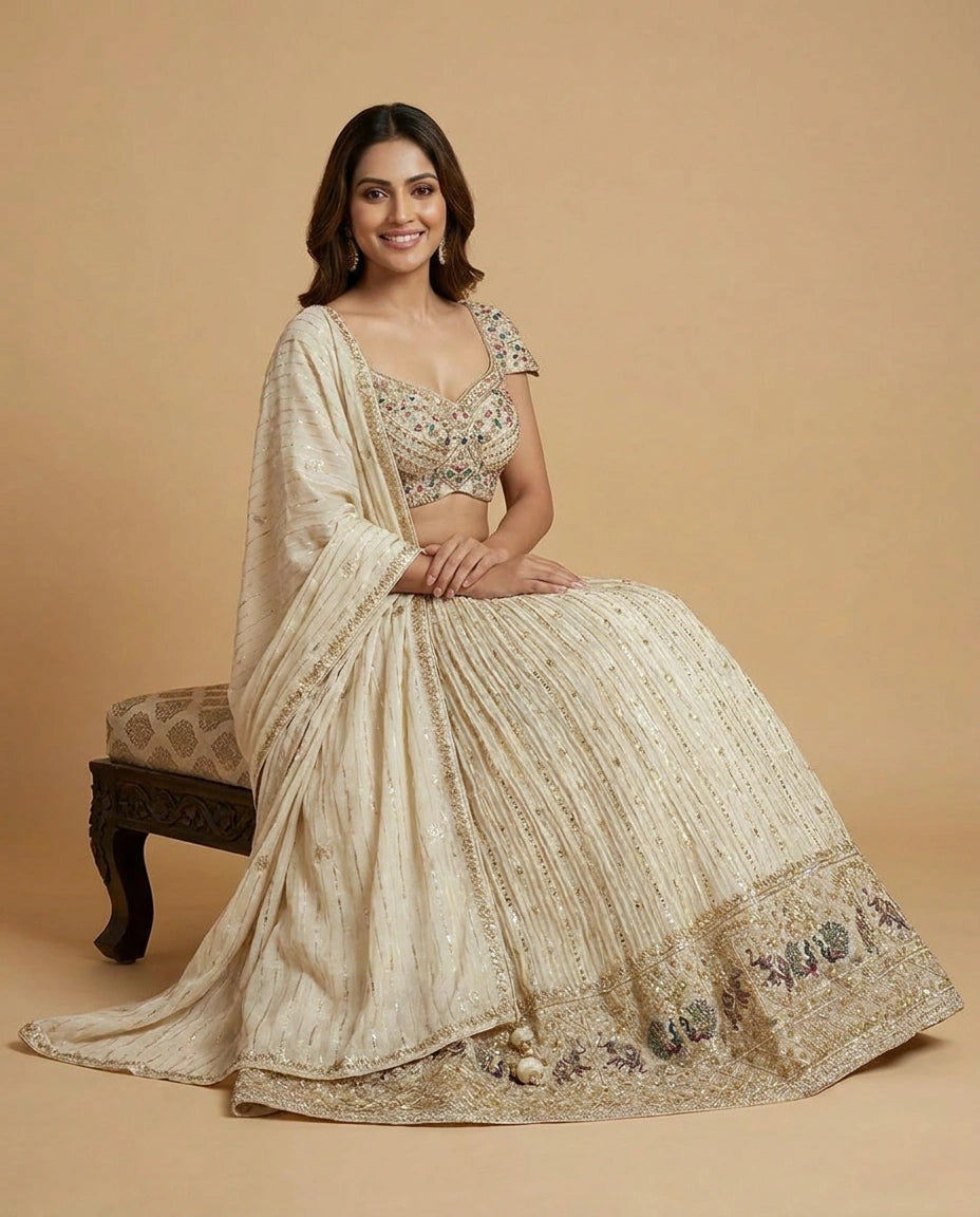 Off White Tissue Croptop Lehenga with Beaded Detail - Rangoli India