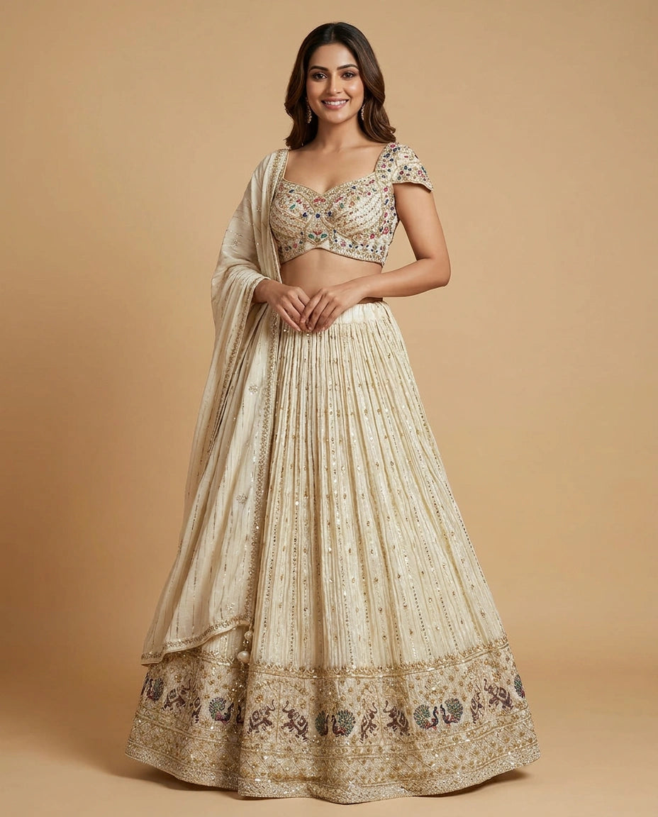 Off White Tissue Croptop Lehenga with Beaded Detail - Rangoli India