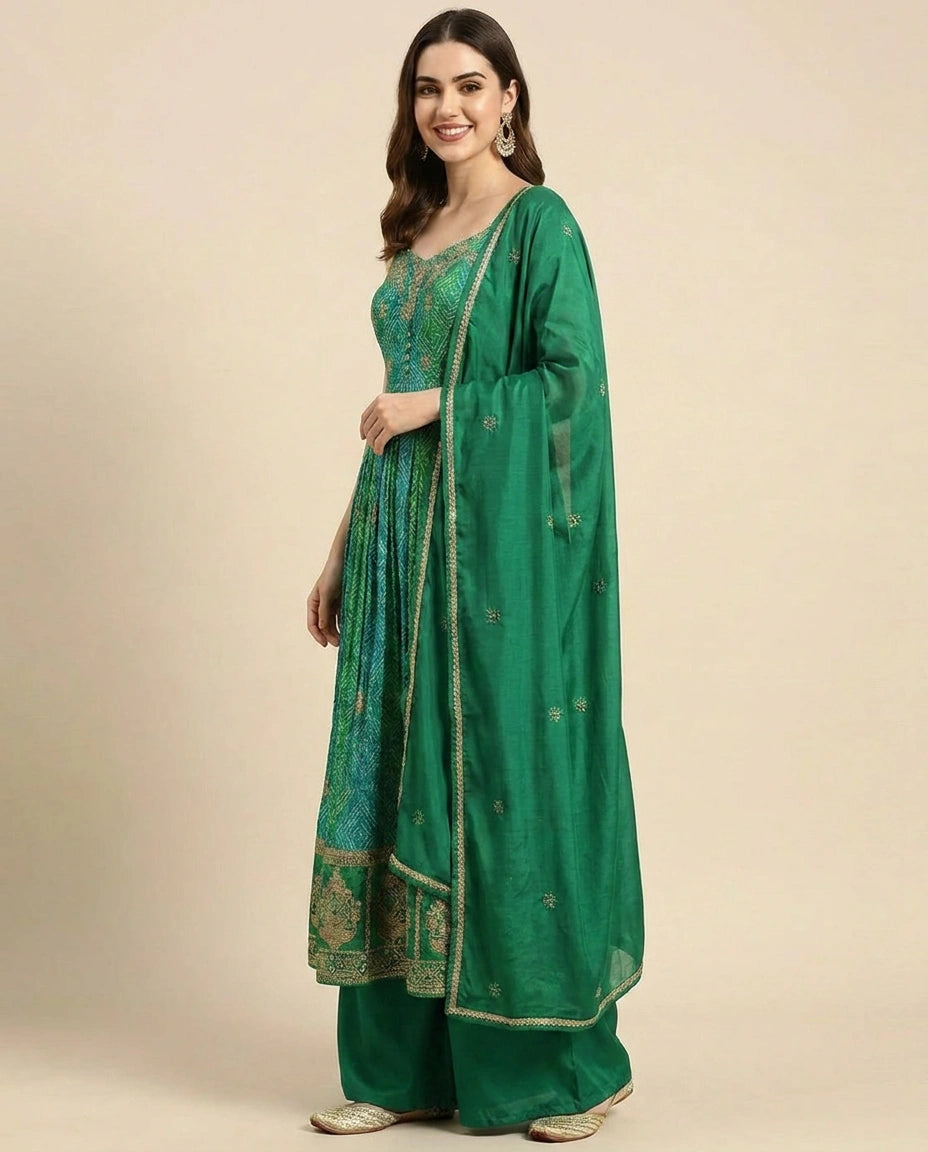 Green Chinon Front Slit Palazzo Suit for Women - Festive Wear