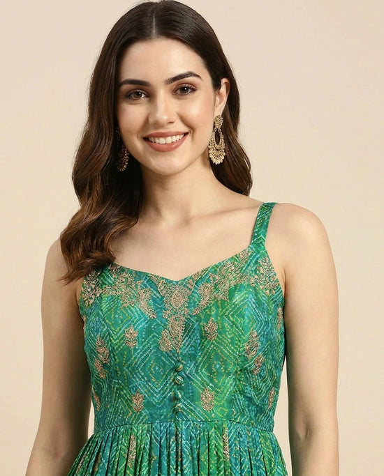 Green Chinon Front Slit Palazzo Suit for Women - Festive Wear