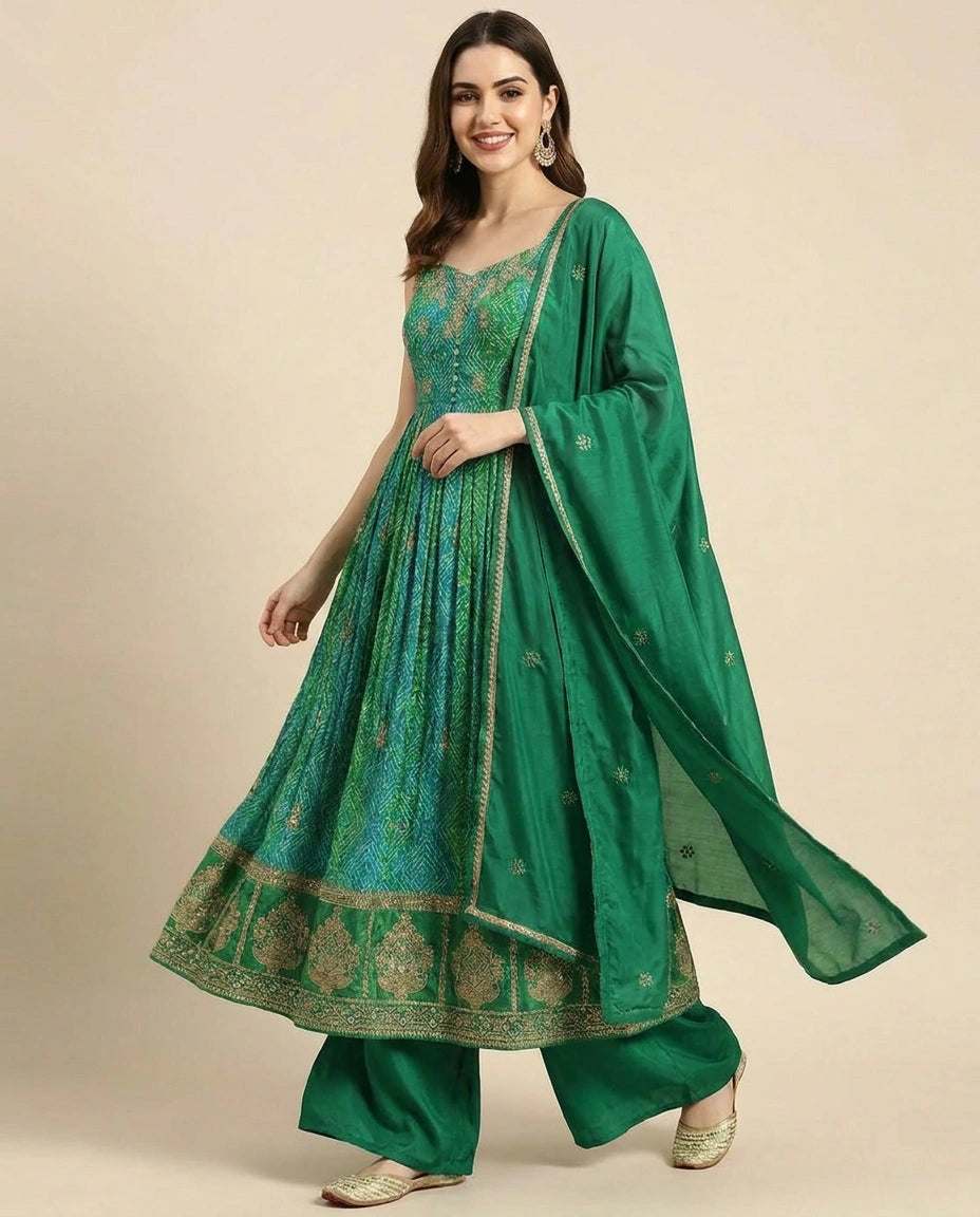 Green Chinon Front Slit Palazzo Suit for Women - Festive Wear