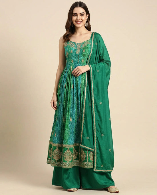 Green Chinon Front Slit Palazzo Suit for Women - Festive Wear
