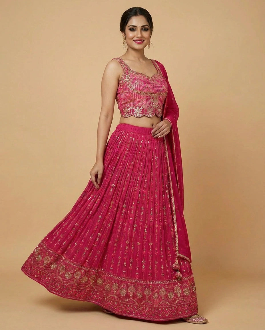 Silk Katan Peplum Lehenga with Sequin and Mirror Work - Rangoli India