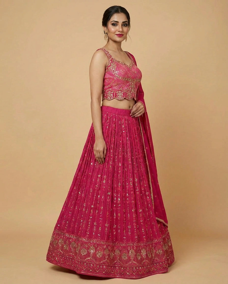 Silk Katan Peplum Lehenga with Sequin and Mirror Work - Rangoli India