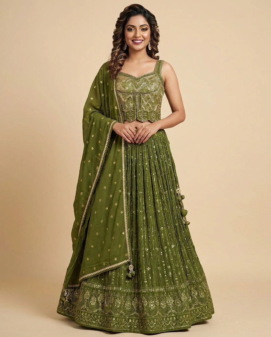 Silk Katan Peplum Lehenga with Sequin and Mirror Work - Rangoli India