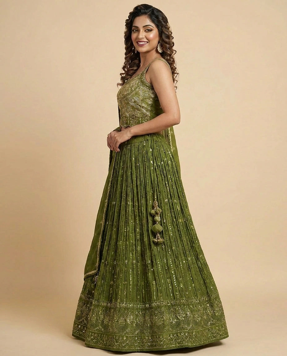 Silk Katan Peplum Lehenga with Sequin and Mirror Work - Rangoli India