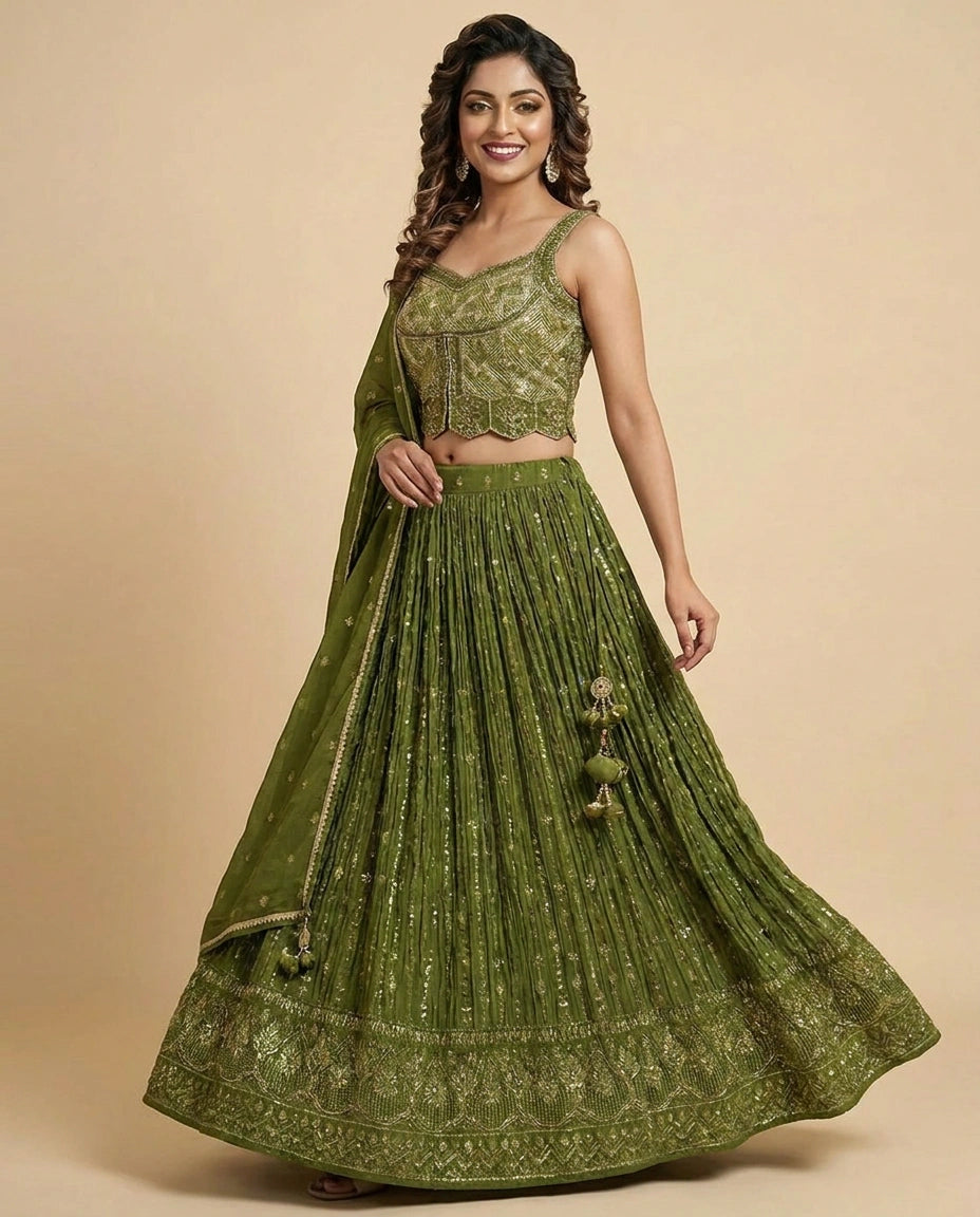 Silk Katan Peplum Lehenga with Sequin and Mirror Work - Rangoli India
