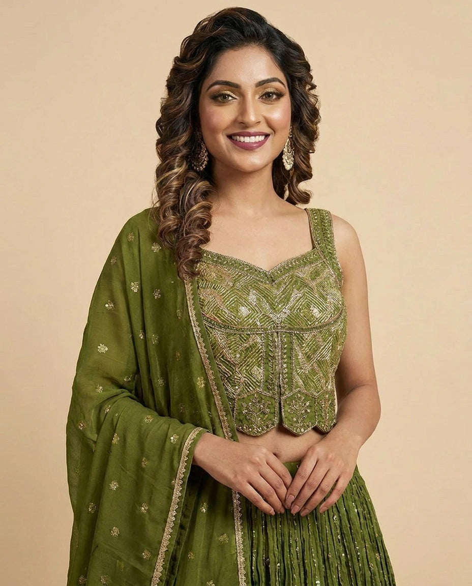 Silk Katan Peplum Lehenga with Sequin and Mirror Work - Rangoli India