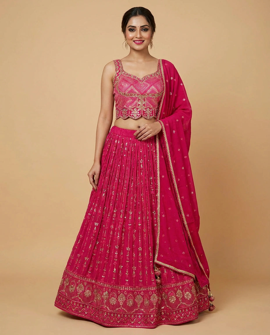 Silk Katan Peplum Lehenga with Sequin and Mirror Work - Rangoli India