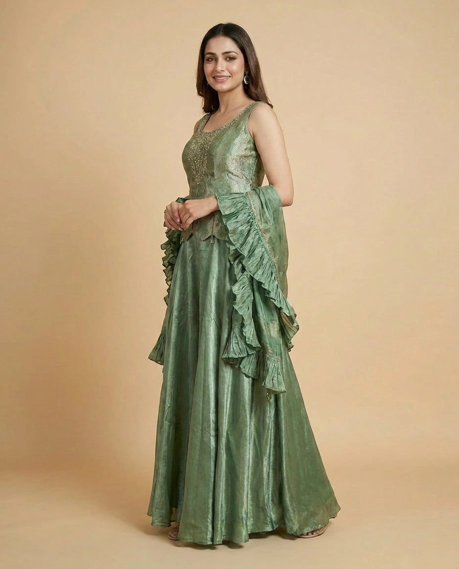 Long Choli Co-ord Set Set in Silk Katan - Rangoli India