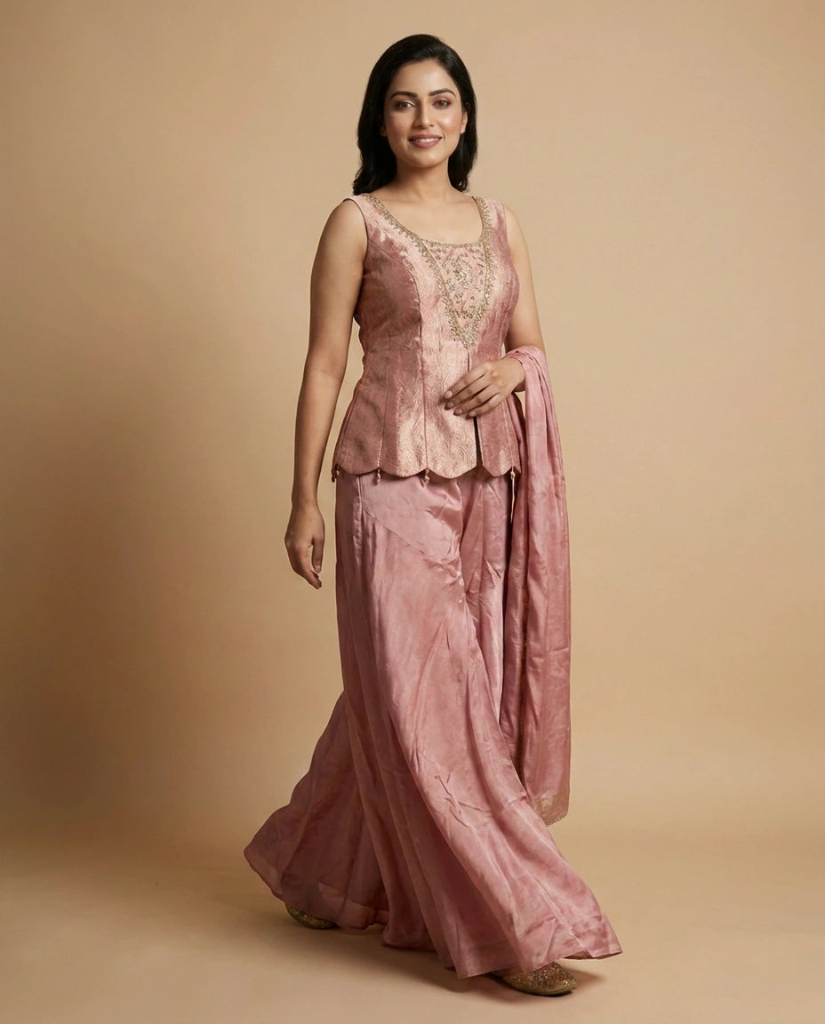 Long Choli Co-ord Set Set in Silk Katan - Rangoli India
