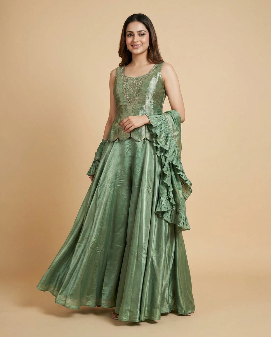 Long Choli Co-ord Set Set in Silk Katan - Rangoli India