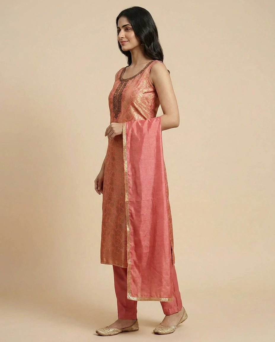Mauve Pink Tissue Straight Suit Set for Wedding Occasions