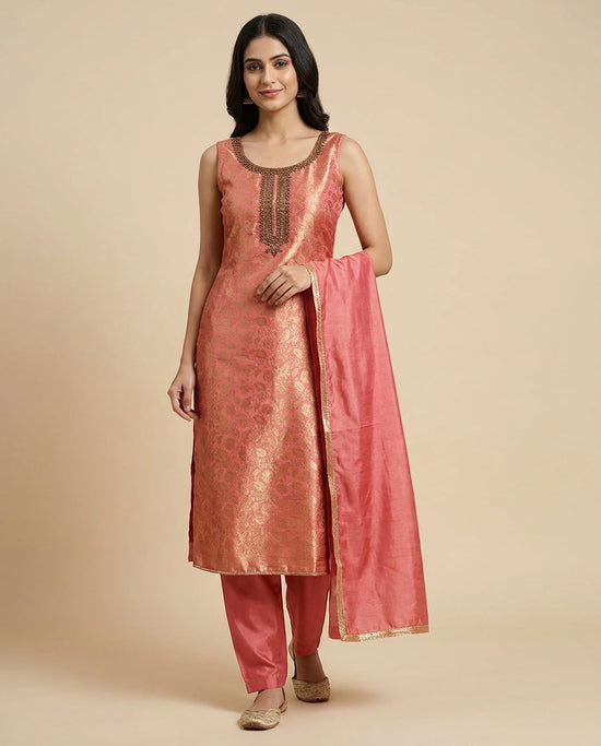 Mauve Pink Tissue Straight Suit Set for Wedding Occasions