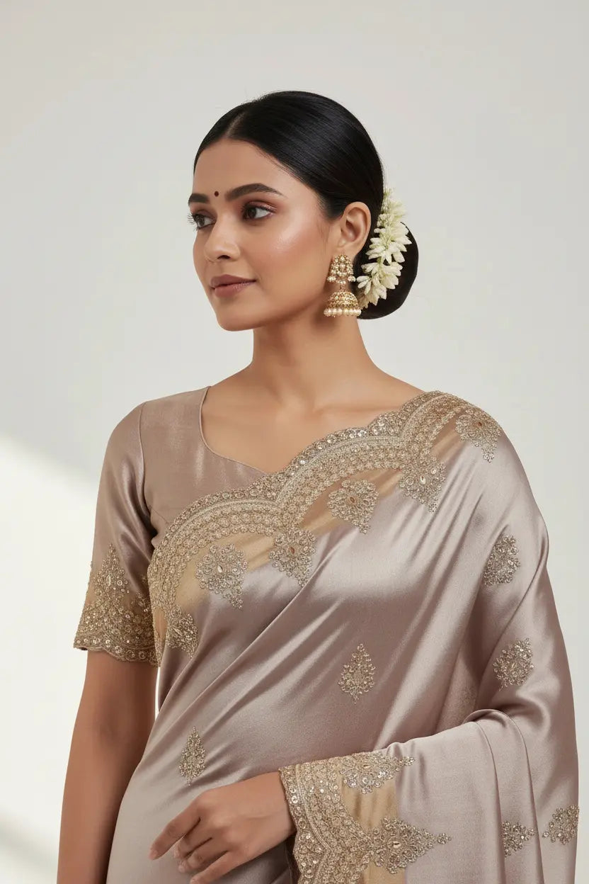 Woman wearing a beige saree with intricate gold embroidery on a plain background
