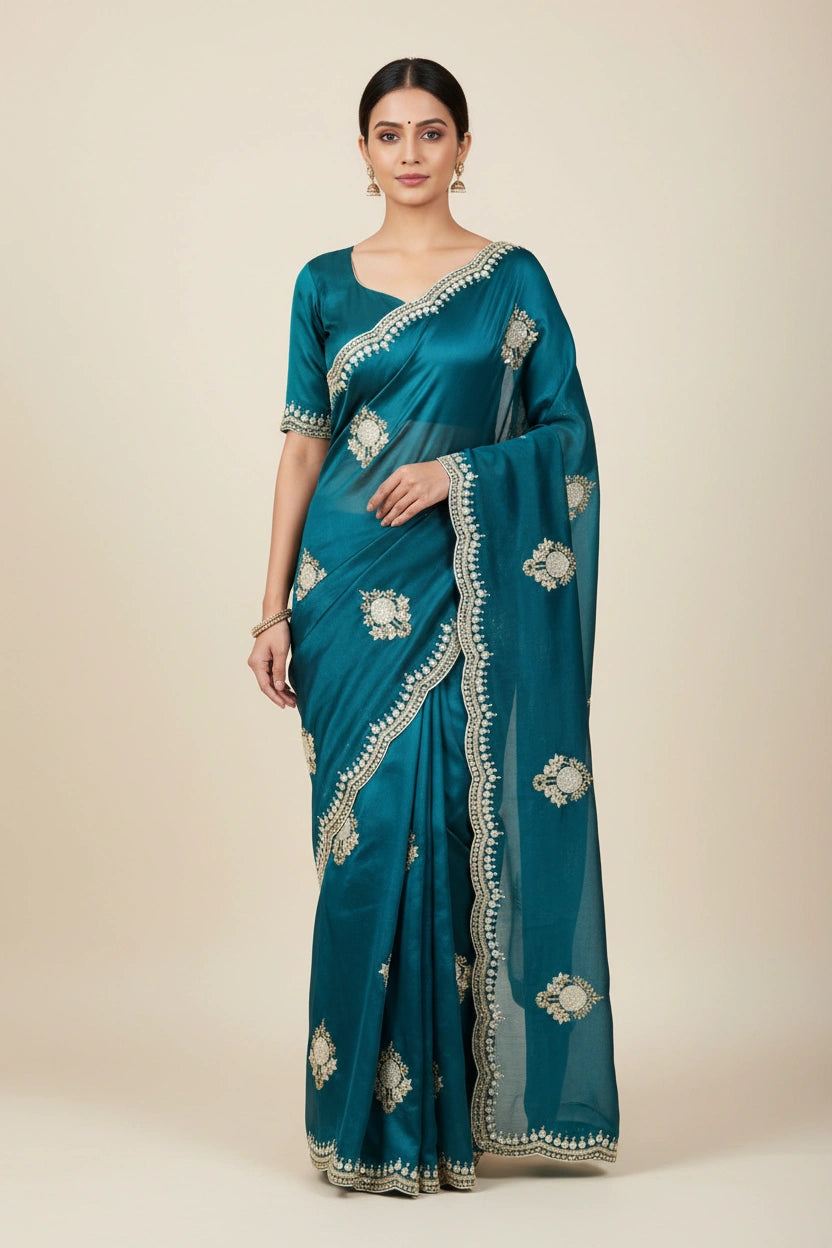 Embroidered Silk Saree with Designer Work - silk Indian ethnic wear by Rangoli
