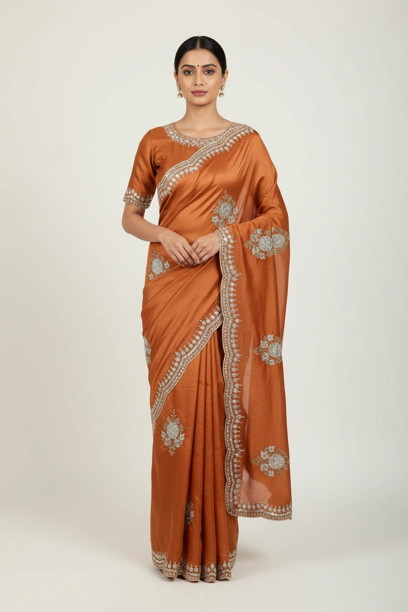 Embroidered Silk Saree with Designer Work - silk Indian ethnic wear by Rangoli