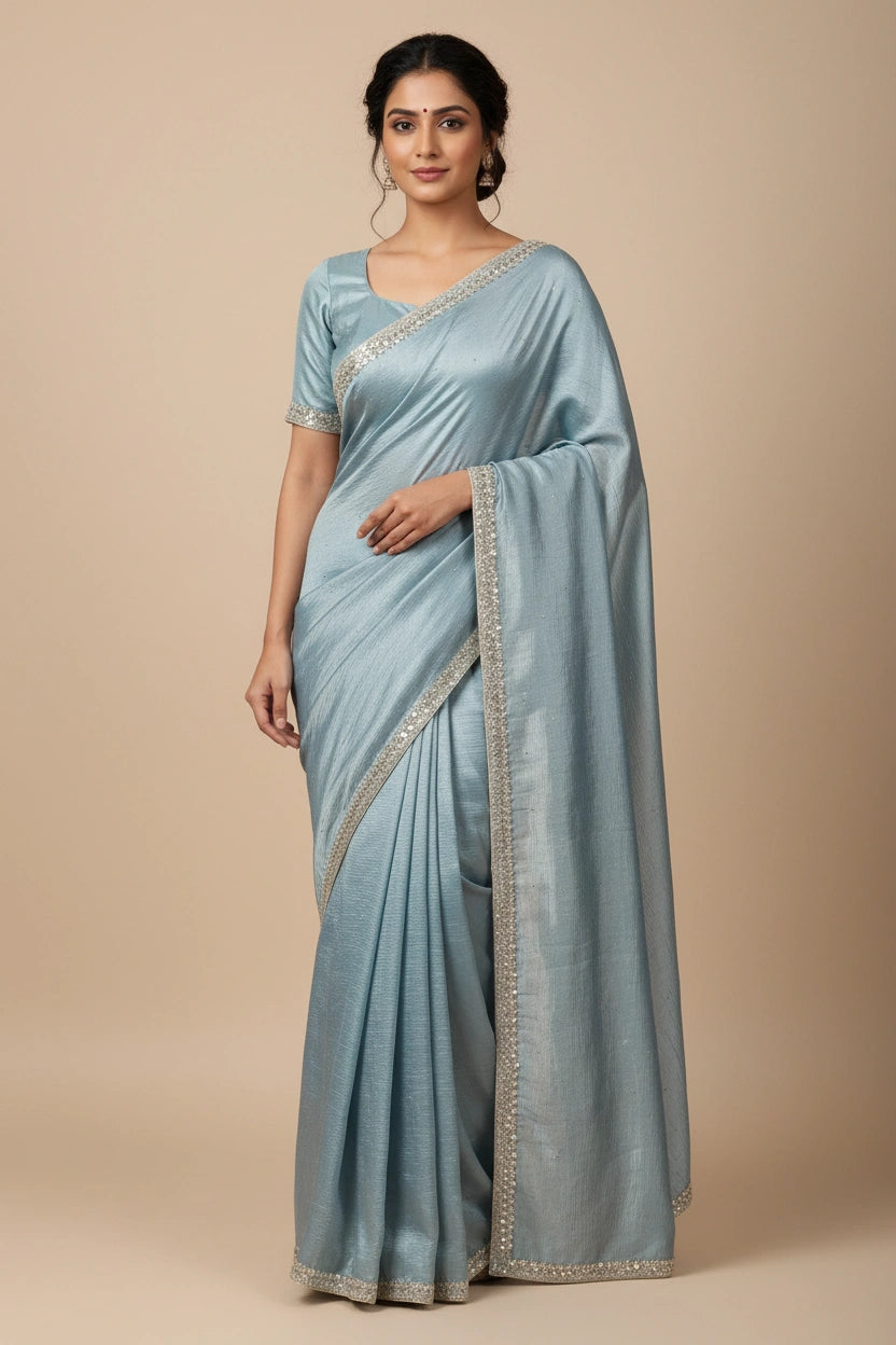 Embroidered Crush Silk Saree with Textured Crinkle Finish | Rangoli