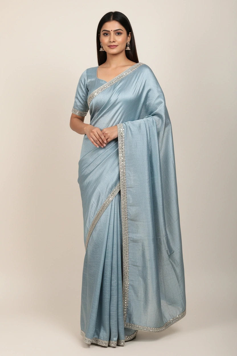 Embroidered Crush Silk Saree with Textured Crinkle Finish - View 2 | Rangoli