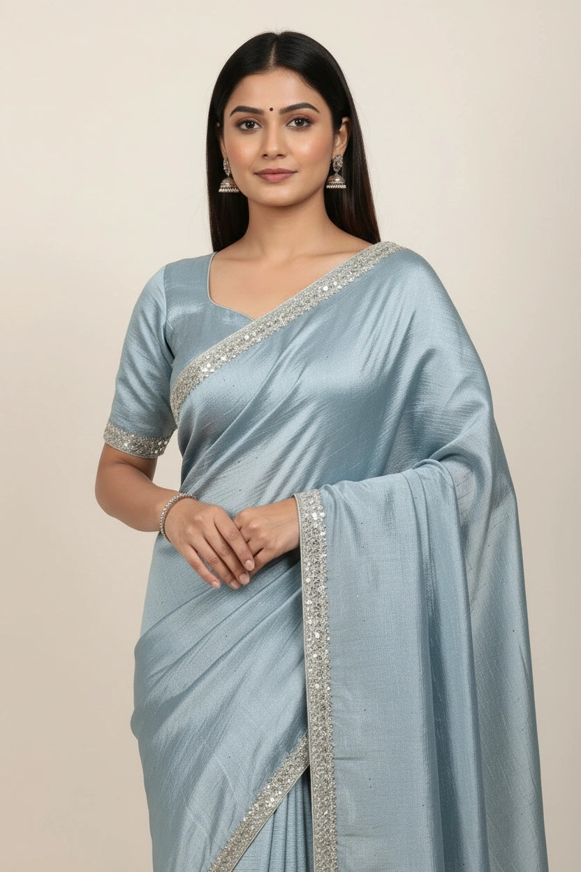 Embroidered Crush Silk Saree with Textured Crinkle Finish - View 3 | Rangoli