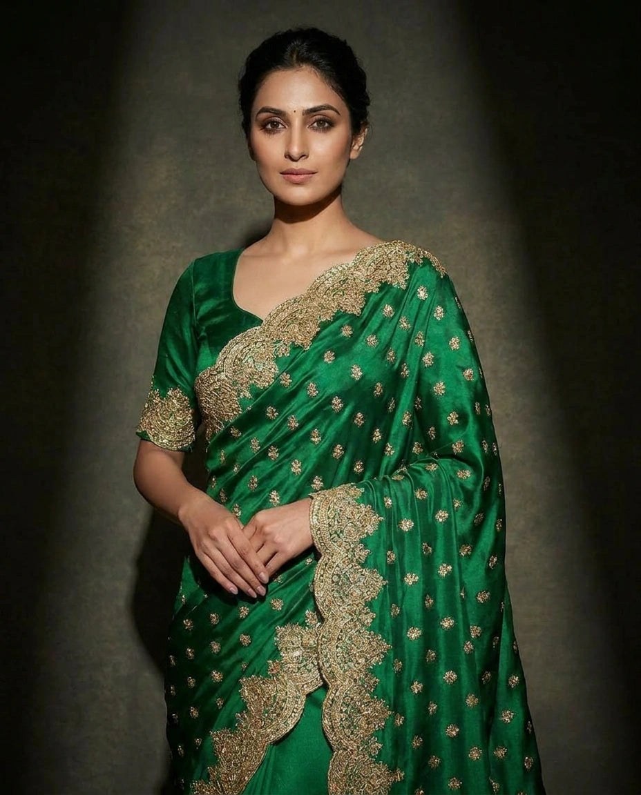 Heavy Satin Saree with Resham Thread Embroidery on Pallu