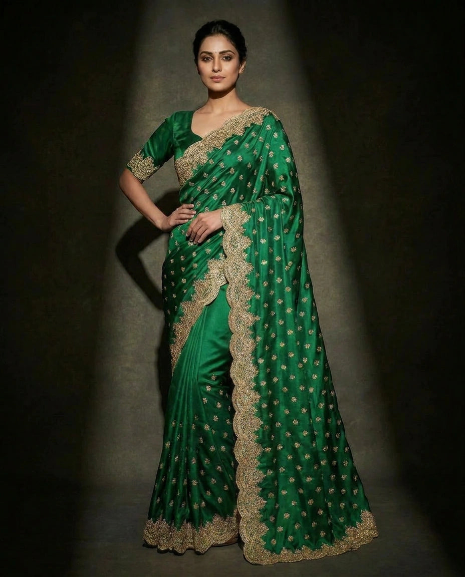 Heavy Satin Saree with Resham Thread Embroidery on Pallu Embroidered Saree by Rangoli