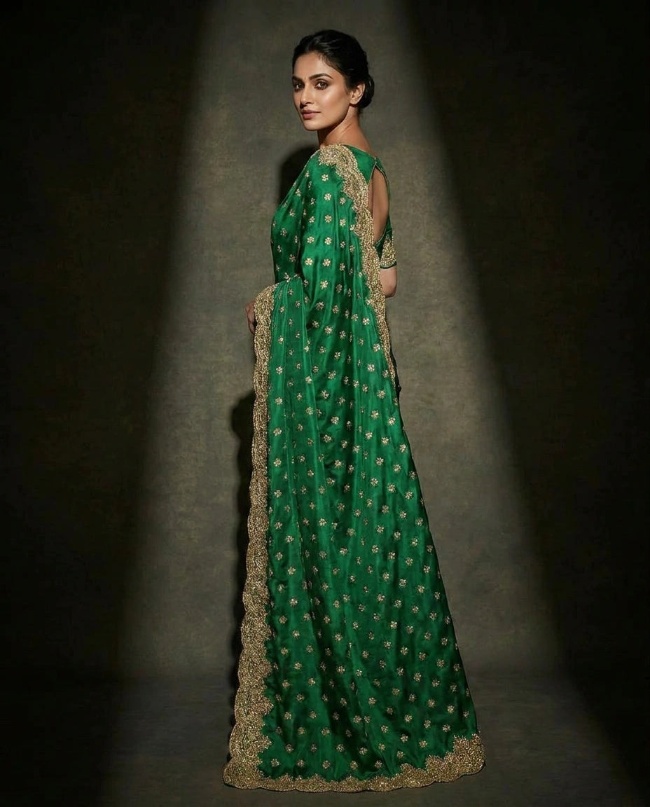 Heavy Satin Saree with Resham Thread Embroidery on Pallu Embroidered Saree by Rangoli