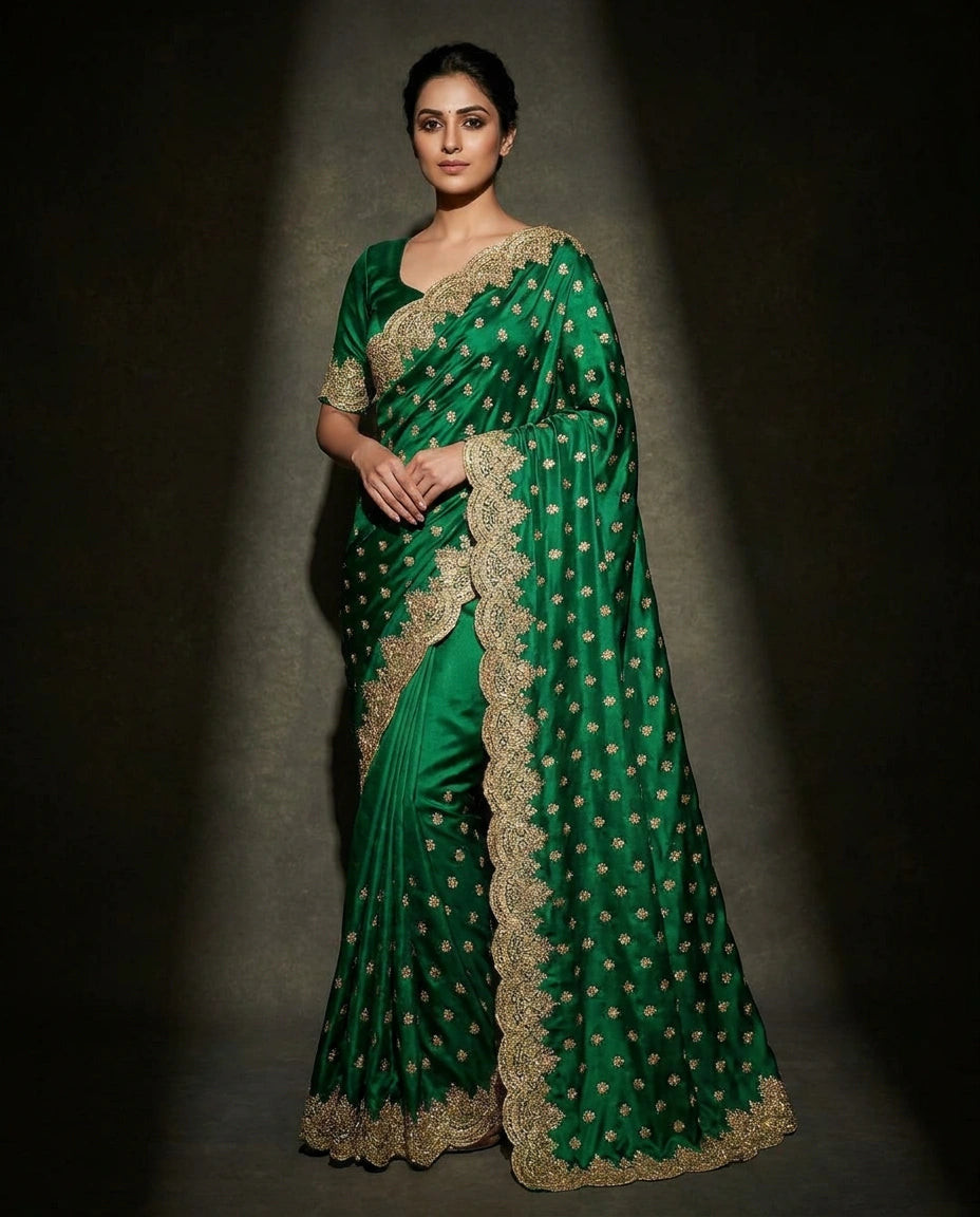 Heavy Satin Saree with Resham Thread Embroidery on Pallu