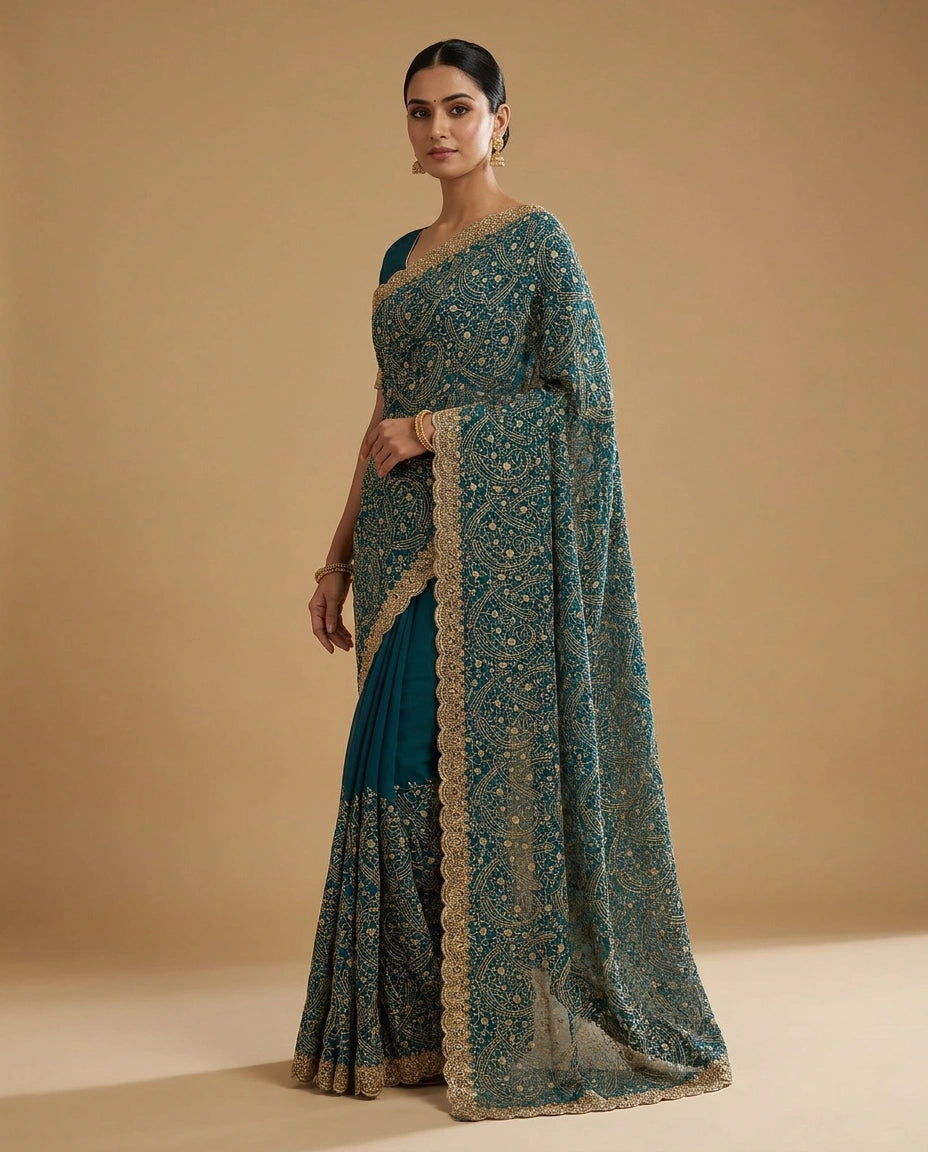 Georgette Embroidered Saree with Sequin and Thread Work by Rangoli