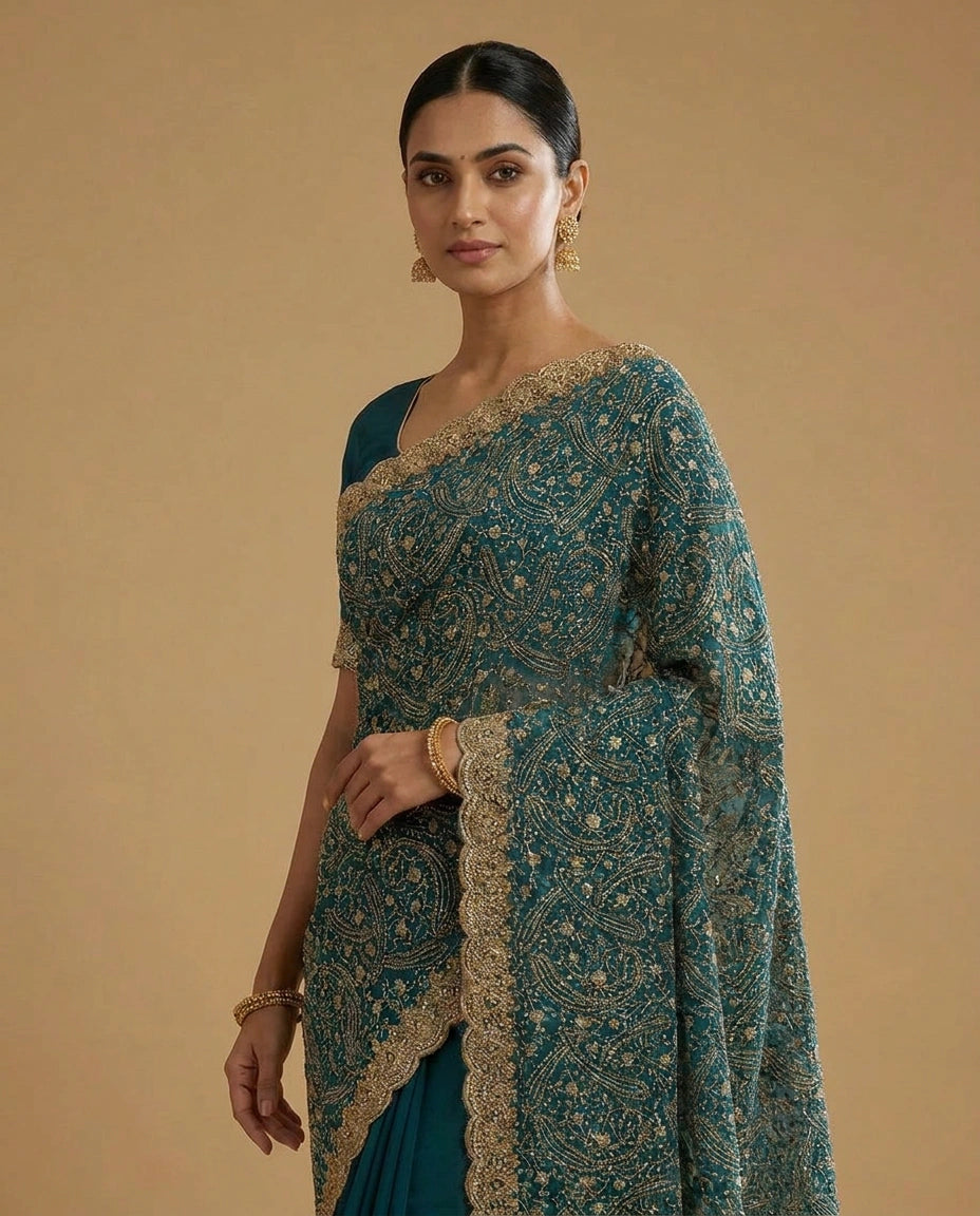 Georgette Embroidered Saree with Sequin and Thread Work by Rangoli