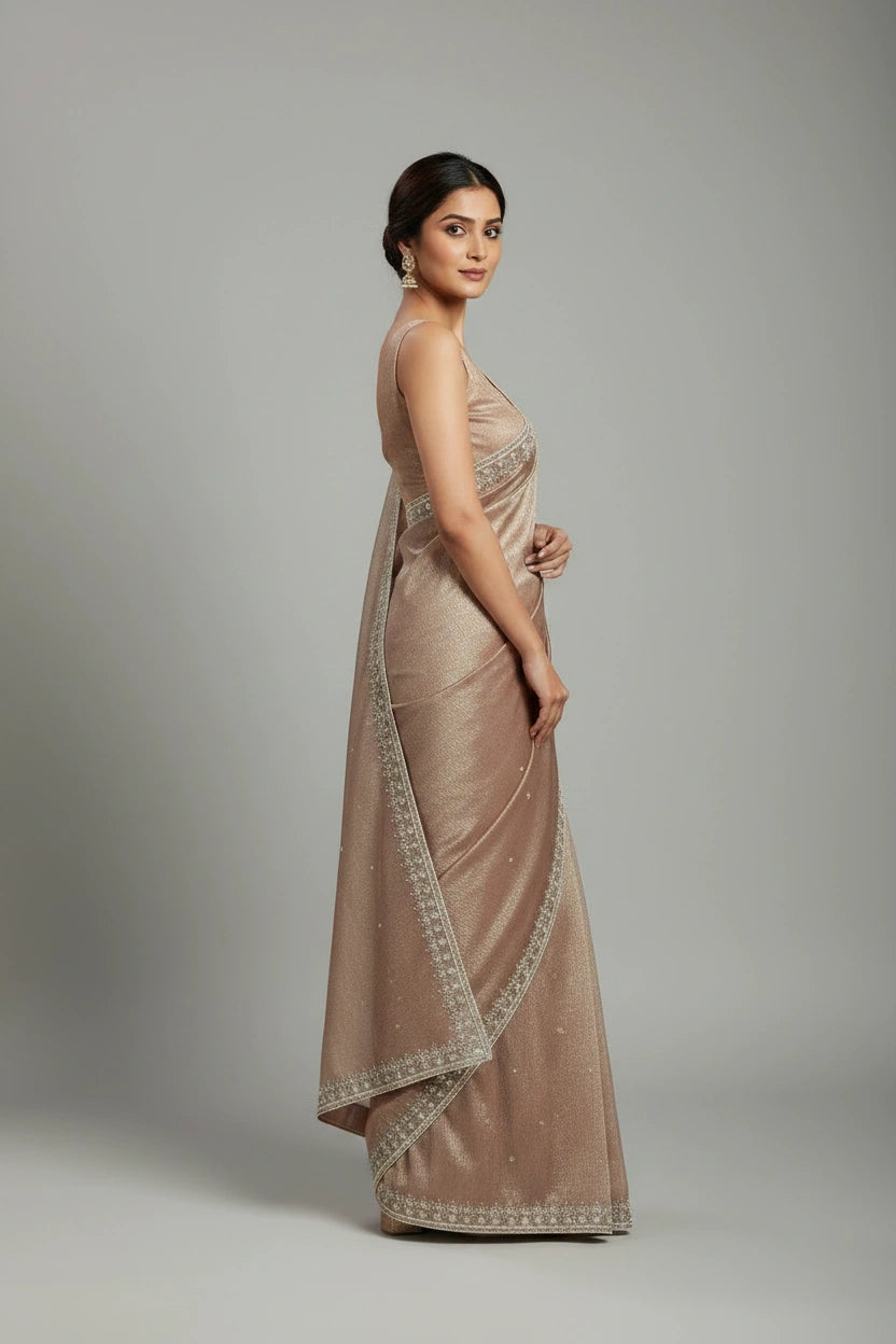 Woman wearing a beige saree with intricate designs on a plain background