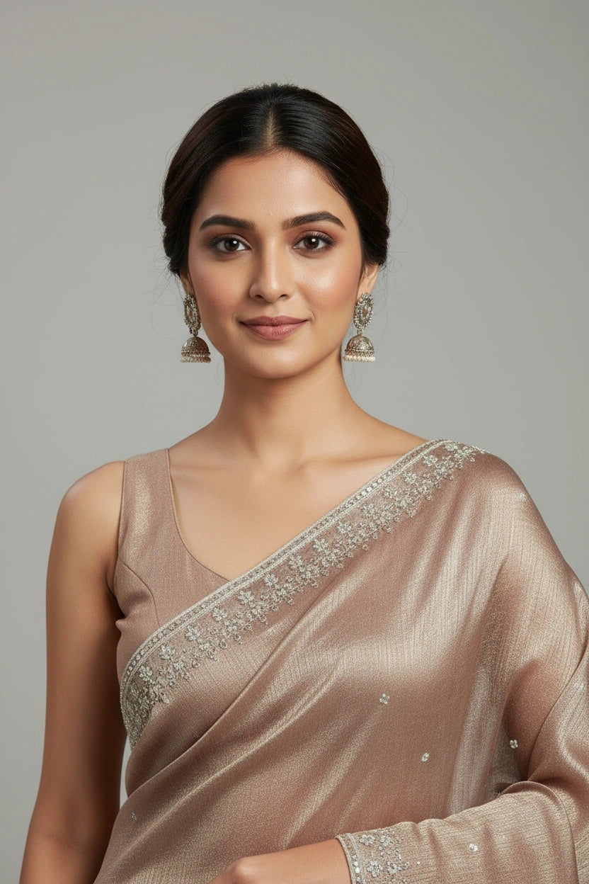 Woman wearing a beige saree with silver embroidery on a gray background