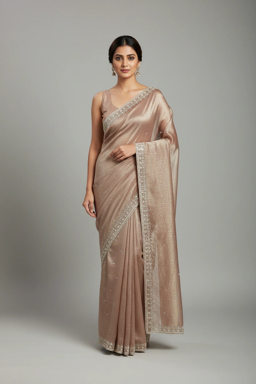 Woman wearing a beige saree with silver border on a gray background