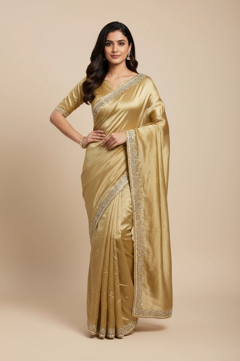 Embroidered Tissue Silk Saree with Traditional Motifs - tissue Indian ethnic wear by Rangoli