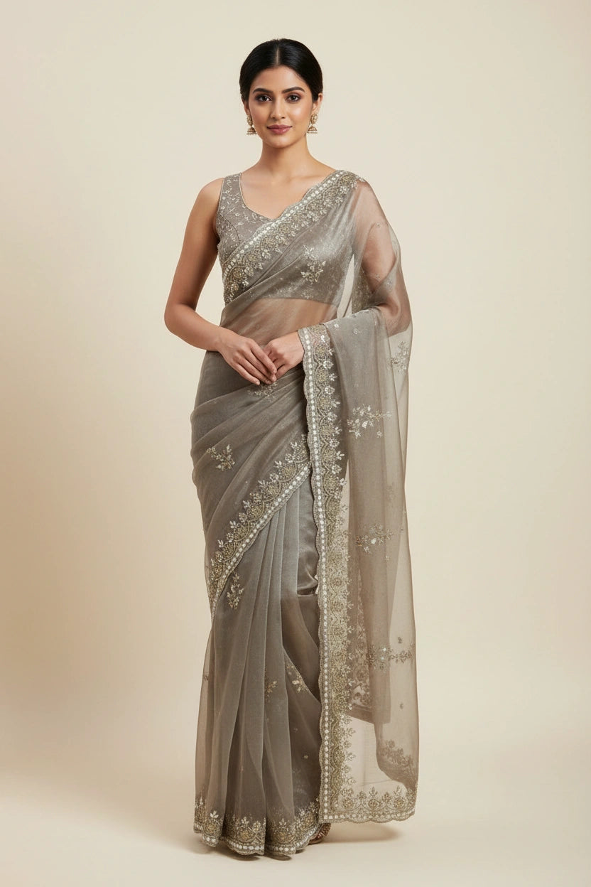 Embroidered Tissue Silk Saree with Traditional Motifs