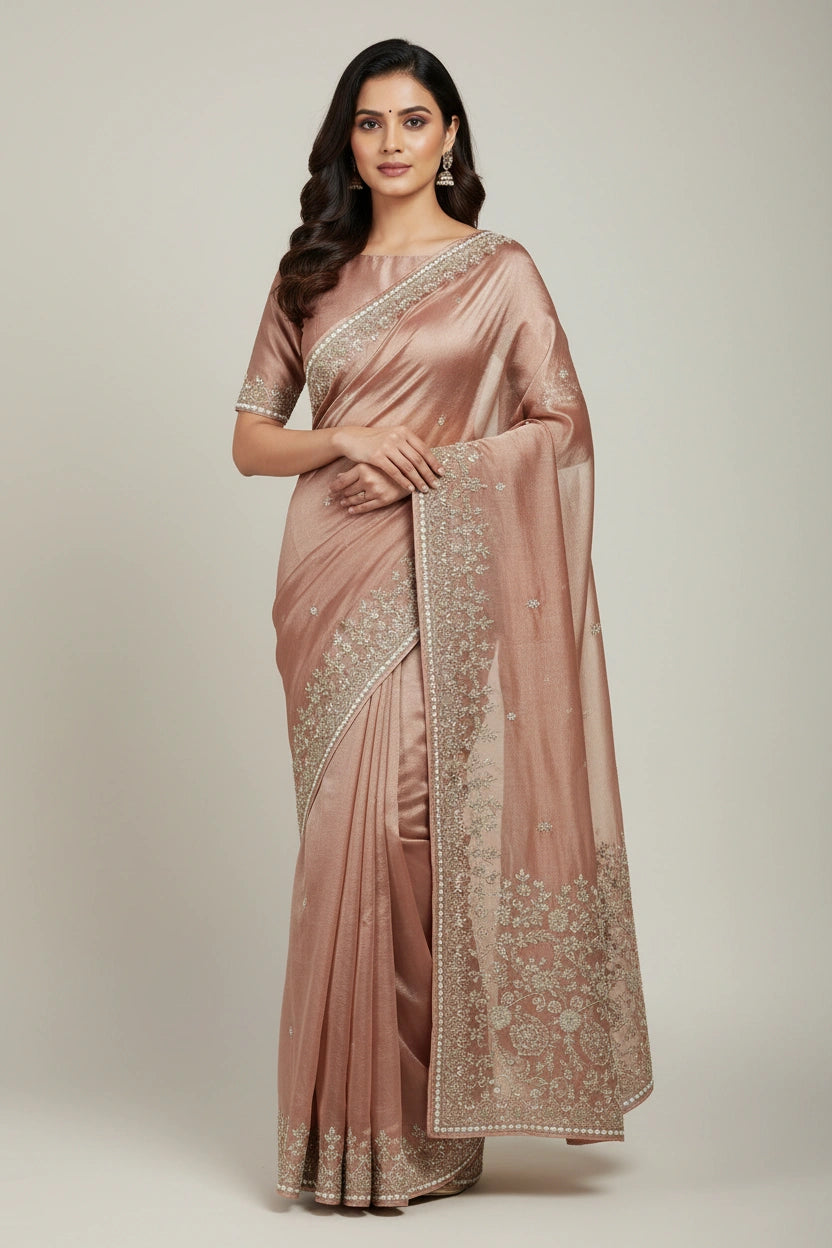 Embroidered Tissue Silk Saree with Traditional Motifs - tissue Indian ethnic wear by Rangoli