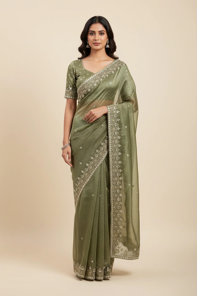 Embroidered Tissue Silk Saree with Traditional Motifs - tissue Indian ethnic wear by Rangoli
