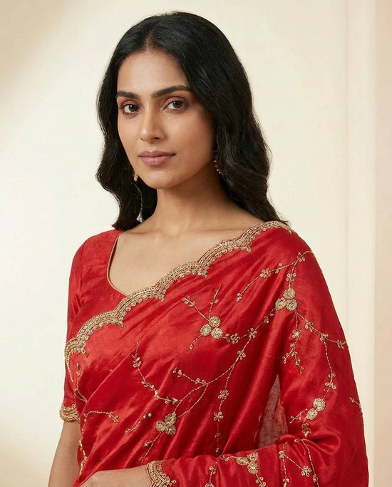 Wrinkle Satin Embroidered Saree with Floral Thread Design view 2