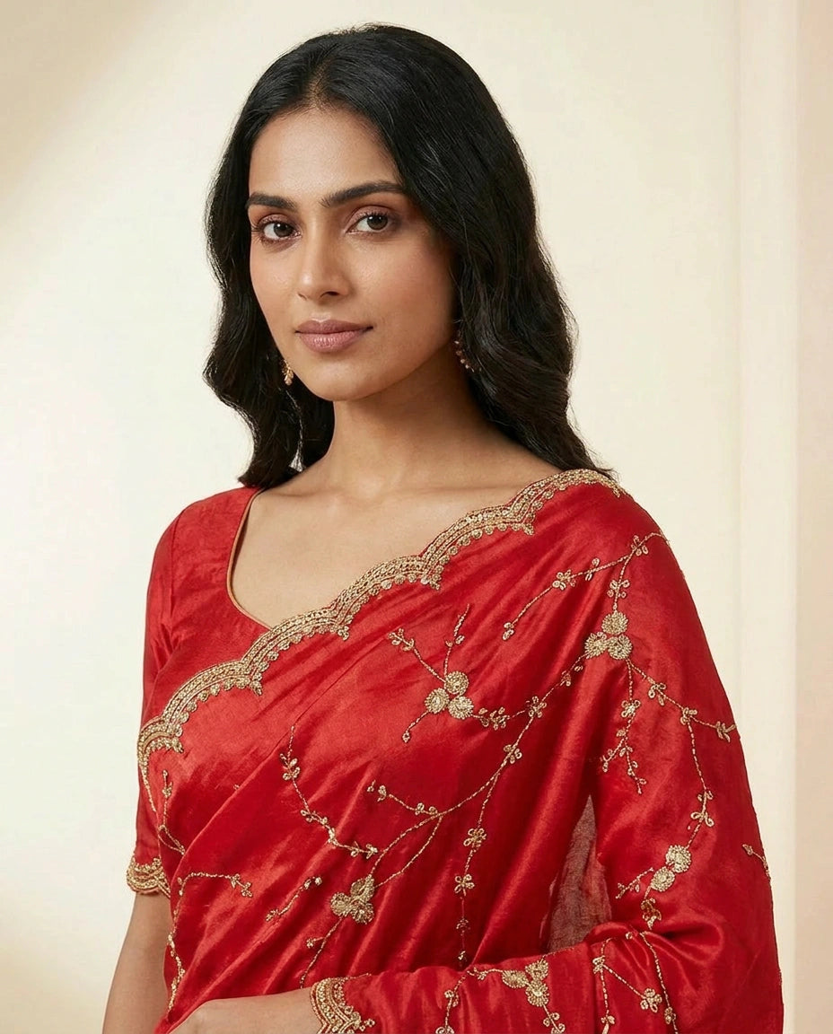 Wrinkle Satin Embroidered Saree with Floral Thread Design view 2